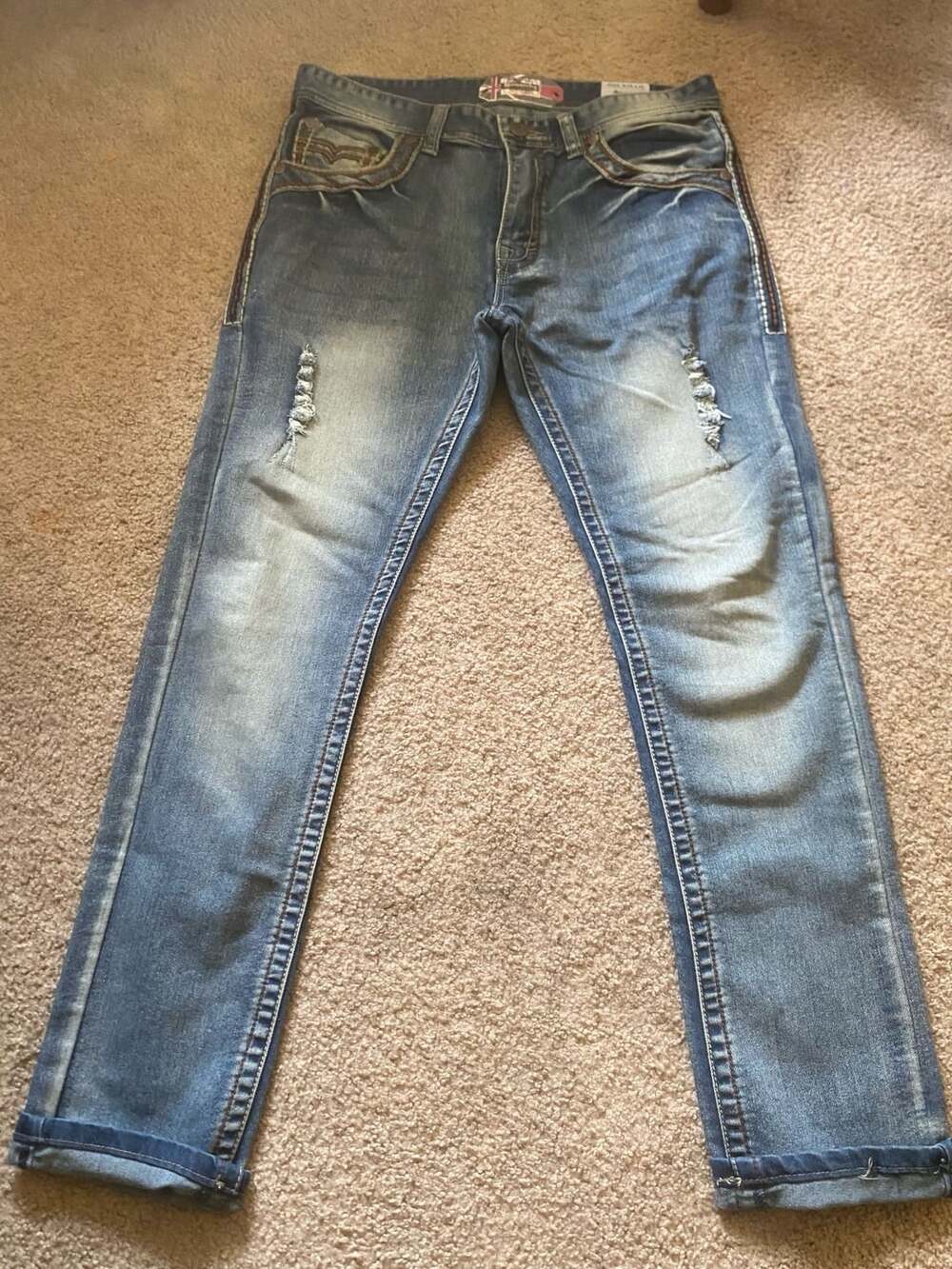 Monarchy Premium Denim Stretch Jeans Size W34 L32 Distressed Blue